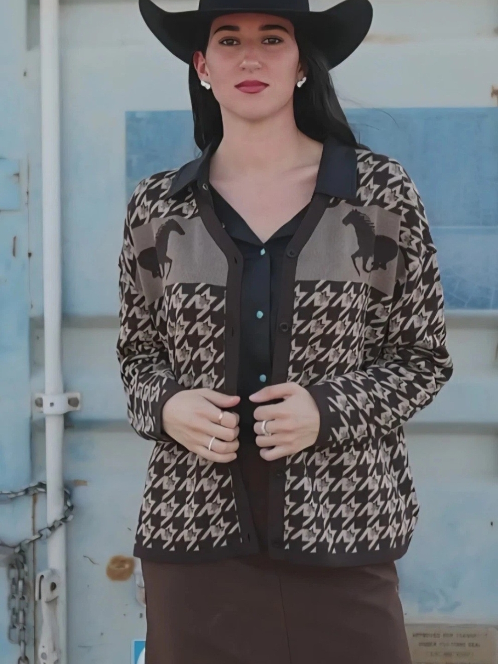 Brown Houndstooth Horse-Panel Cardigan Sweater